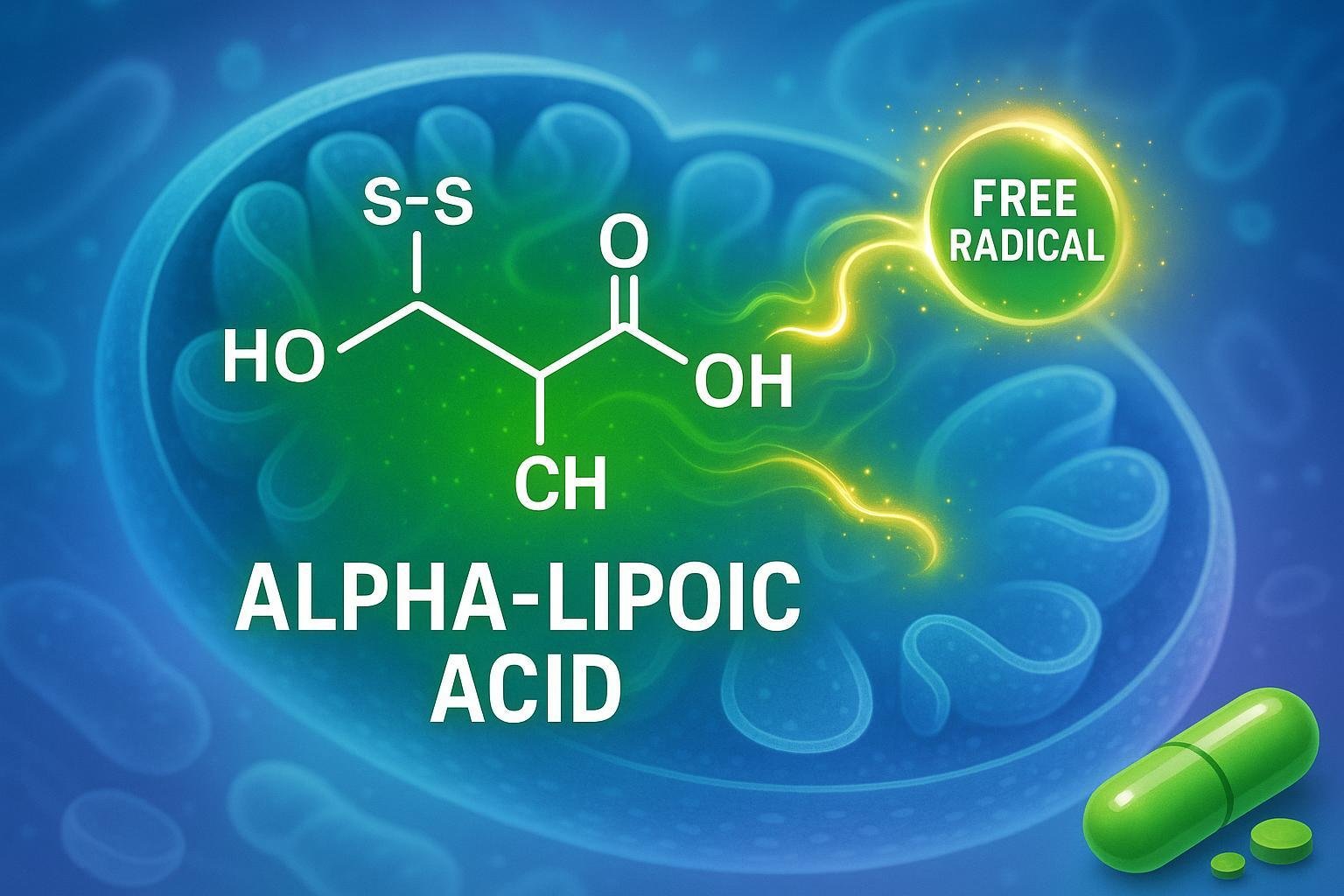 Artistic depiction of alpha-lipoic acid antioxidant action in a cell for health and wellness blog.