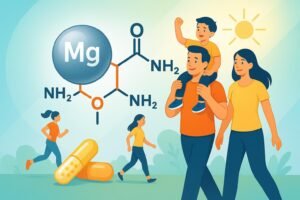 Chelated magnesium molecule and family wellness infographic cover image.