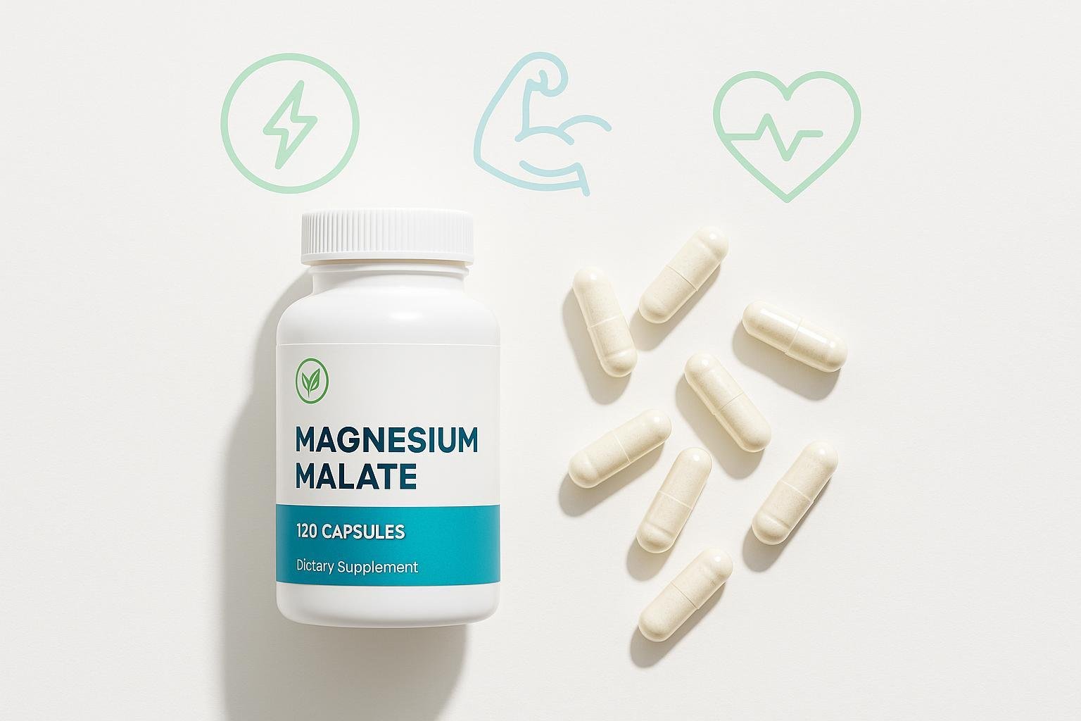 Magnesium malate capsules bottle, capsules, and icons representing health benefits.