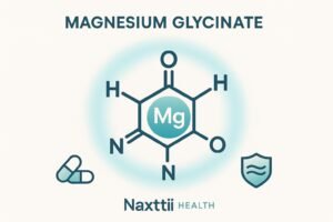 Chelated magnesium glycinate buffered explained visually: molecule with glycine and buffering shield
