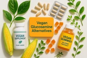 Flatlay of vegan glucosamine supplement capsules and gummies surrounded by corn and green leaves, with visible vegan logos.