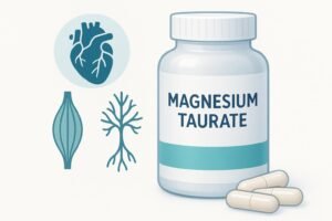 Magnesium taurate supplements with icons of heart, muscles, and nerves, in a modern health and wellness theme.
