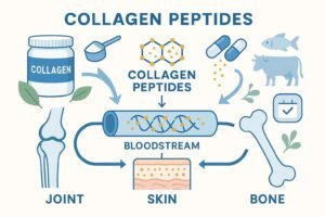 Collagen Peptides absorption infographic: from supplement to body health.