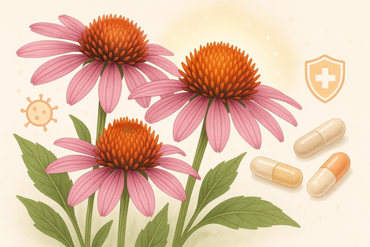 Echinacea coneflower and supplements illustrated for immune health and wellness