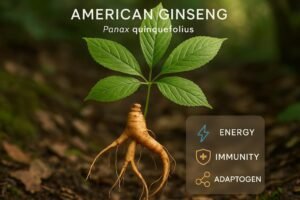Botanical close-up of American Ginseng (Panax quinquefolius) in North American forest, symbolizing natural wellness.